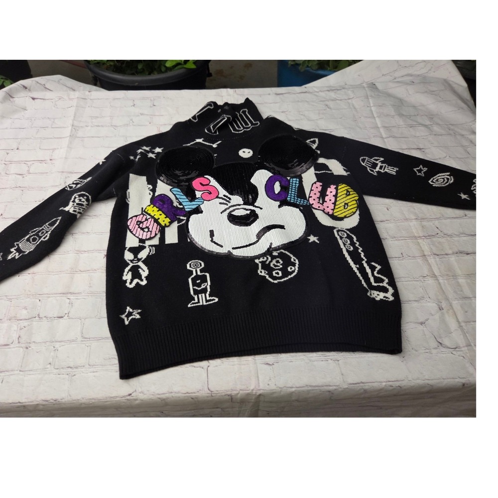 Disney Mickey Mouse Club Sequin Space Alien Mock Neck Knit Sweater Black Womens